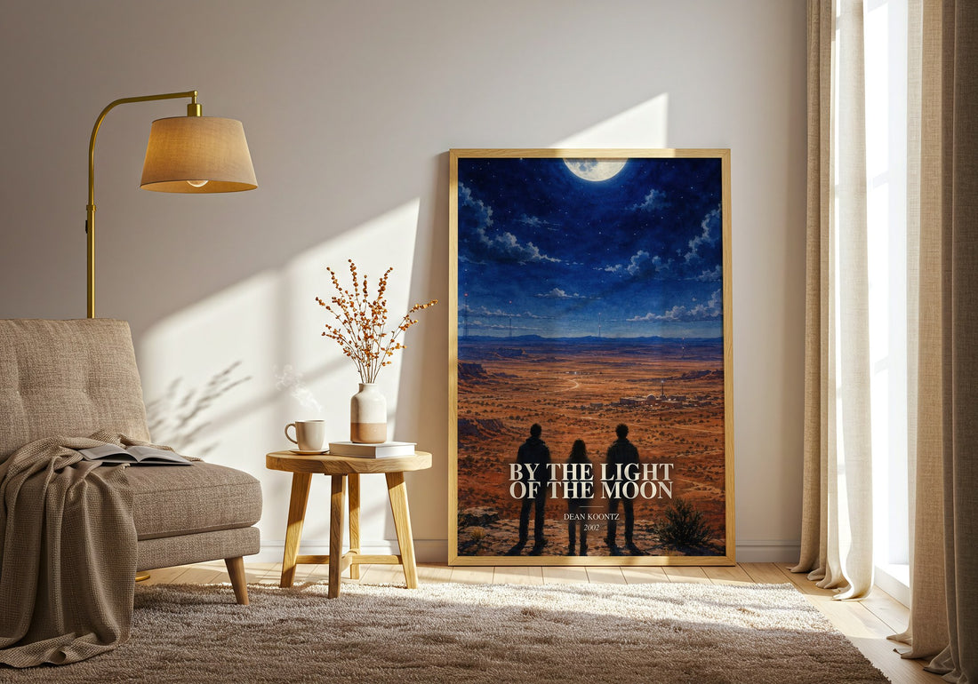 By the Light of the Moon watercolour print in frame leaning in hallway – thriller wall art (mockup)