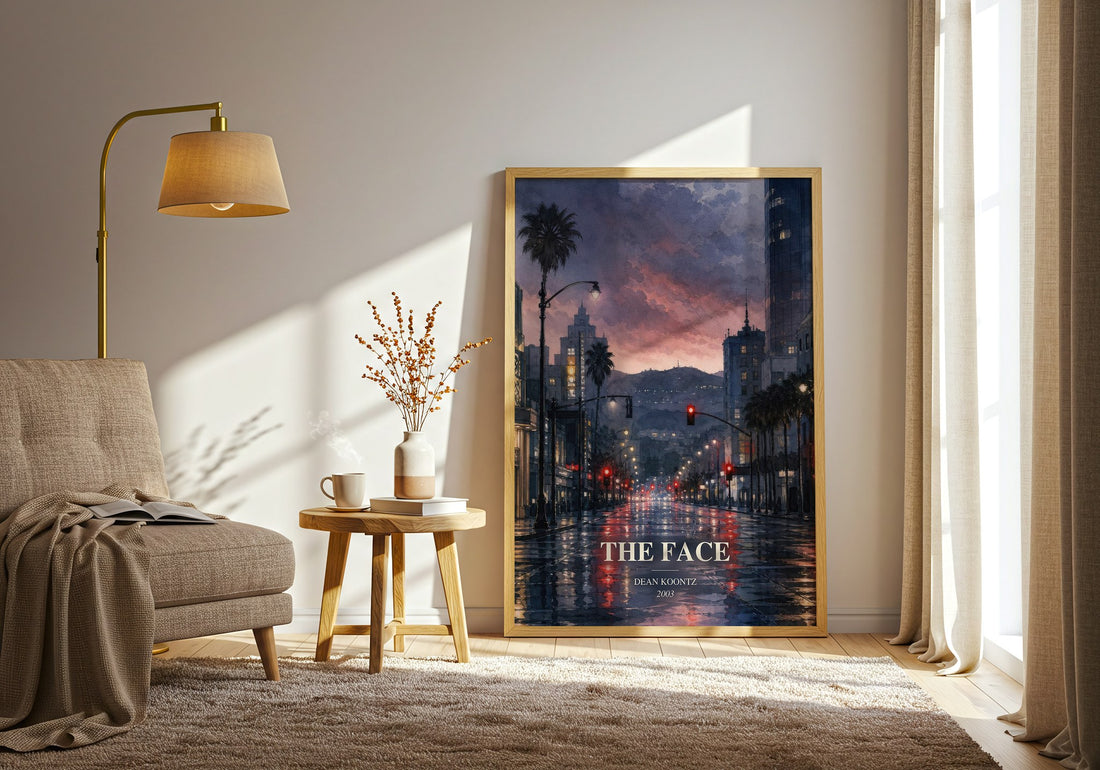 The Face watercolour print in frame leaning in hallway – thriller wall art (mockup)