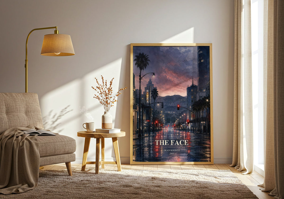 The Face watercolour print in frame leaning in hallway – thriller wall art (mockup)