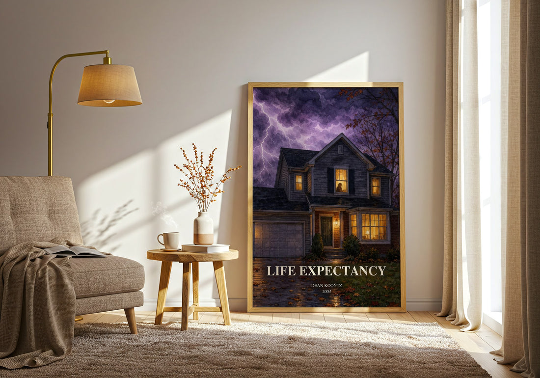 Life Expectancy watercolour print in frame leaning in hallway – thriller wall art (mockup)