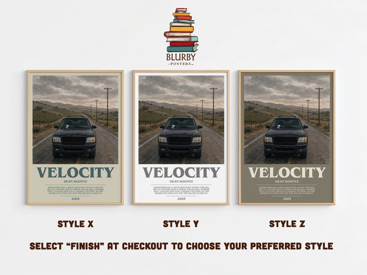 Velocity bookish print in frame leaning in hallway – thriller wall art (mockup)