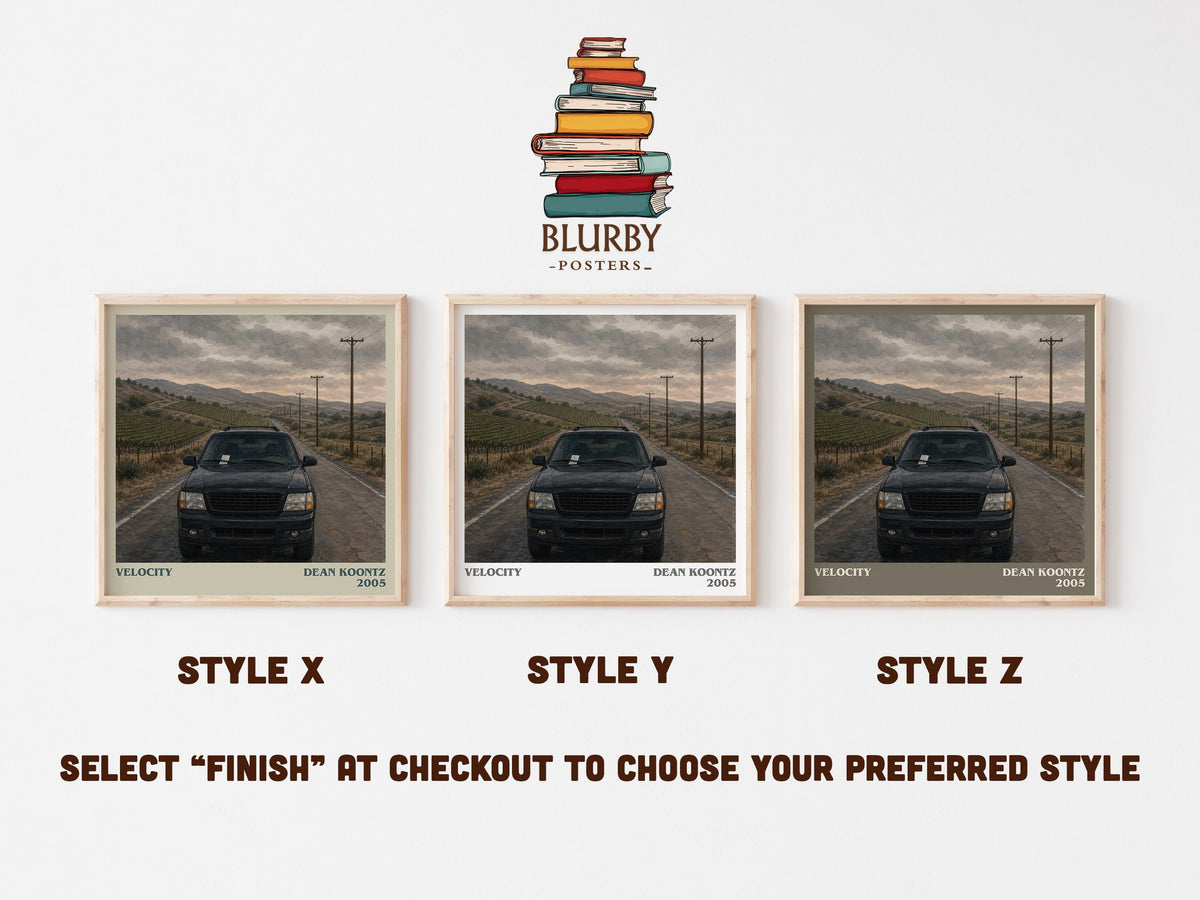 Velocity literary print in frame leaning in hallway – thriller wall art (mockup)