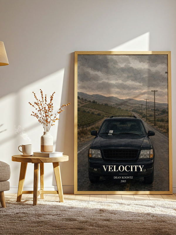 Velocity watercolour print in frame leaning in hallway – thriller wall art