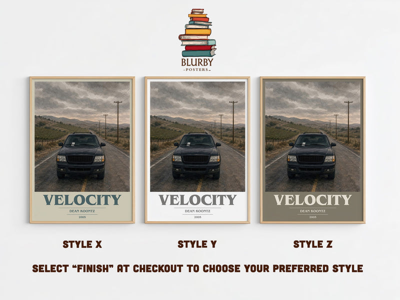 Velocity book cover print in frame leaning in hallway – thriller wall art