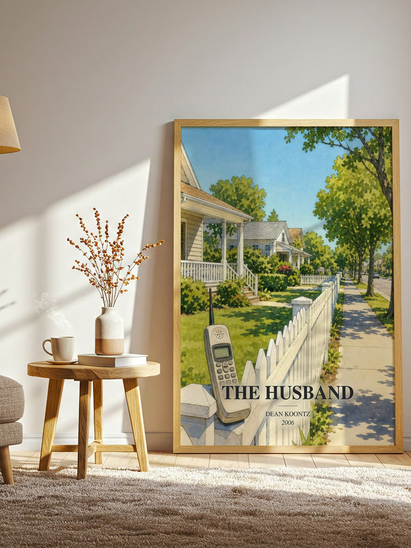 The Husband watercolour print in frame leaning in hallway – thriller wall art