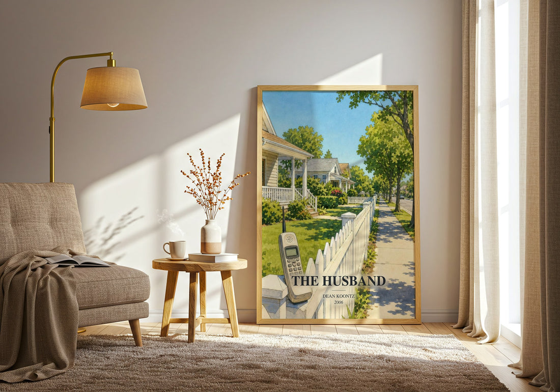 The Husband watercolour print in frame leaning in hallway – thriller wall art (mockup)
