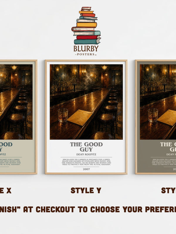 The Good Guy bookish print in frame leaning in hallway – thriller wall art