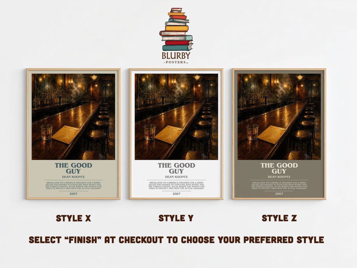 The Good Guy bookish print in frame leaning in hallway – thriller wall art (mockup)