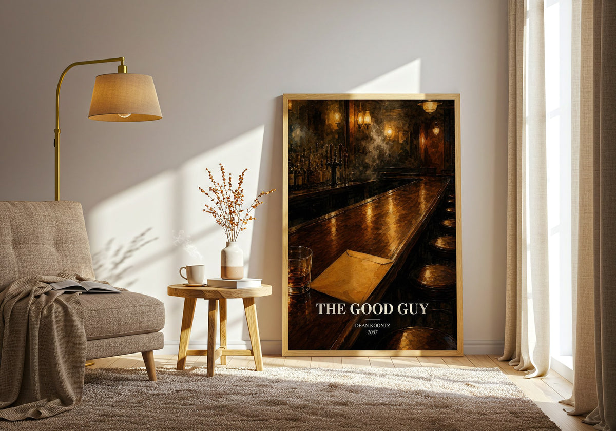 The Good Guy watercolour print in frame leaning in hallway – thriller wall art (mockup)