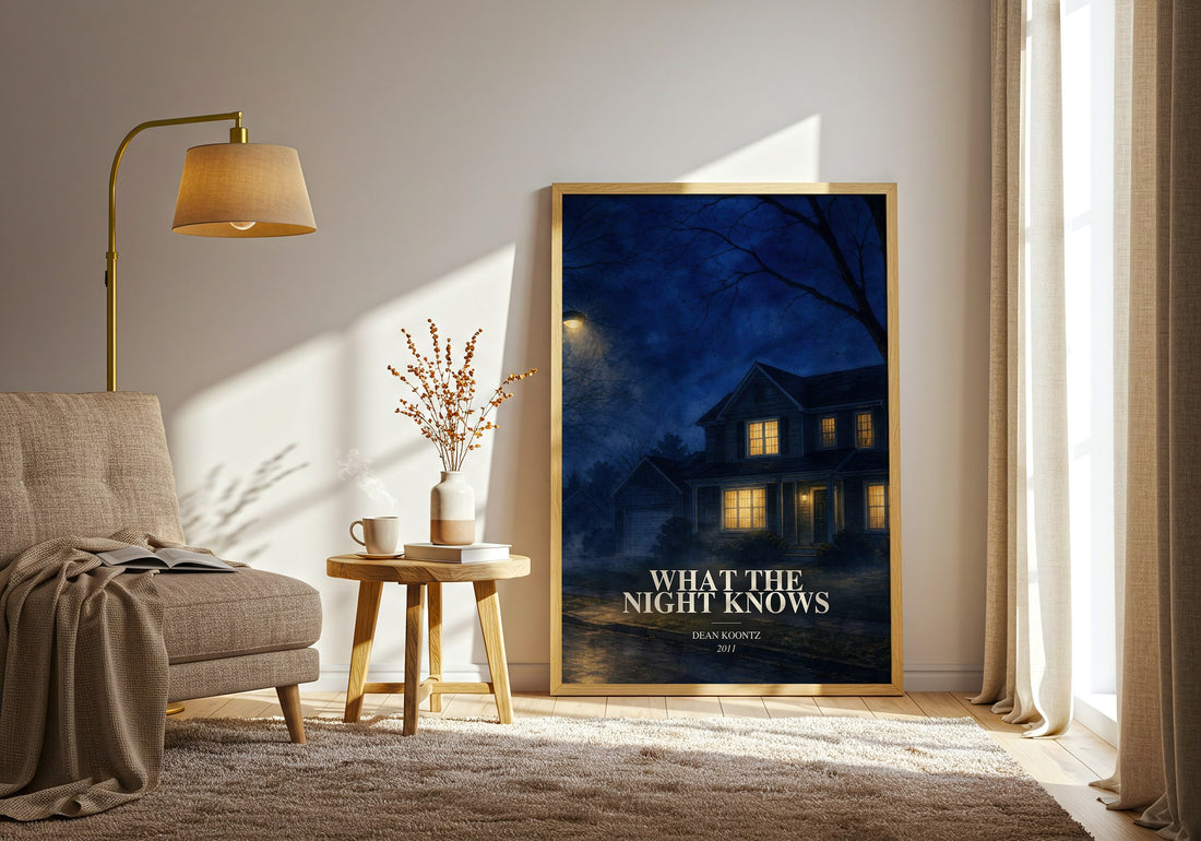 What the Night Knows watercolour print in frame leaning in hallway – horror wall art (mockup)