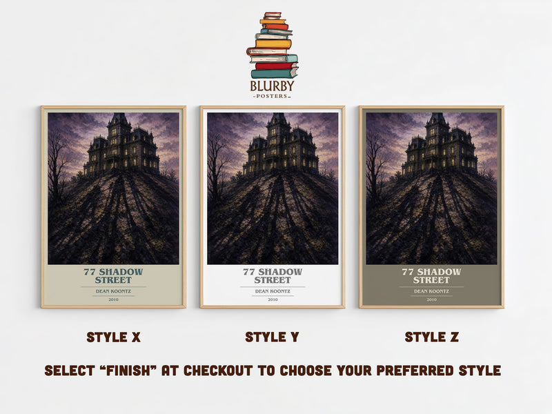 77 Shadow Street book cover print in frame leaning in hallway – horror wall art