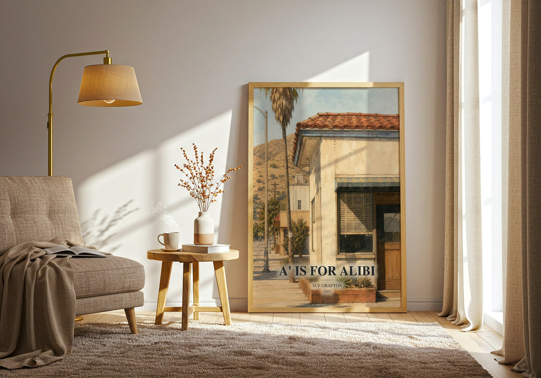 A' Is for Alibi watercolour print in frame leaning in hallway – mystery wall art (mockup)