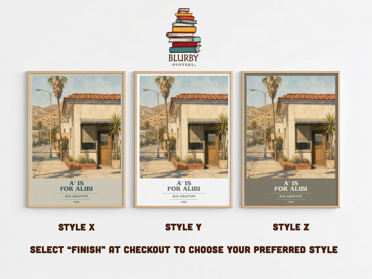 A' Is for Alibi book cover print in frame leaning in hallway – mystery wall art (mockup)