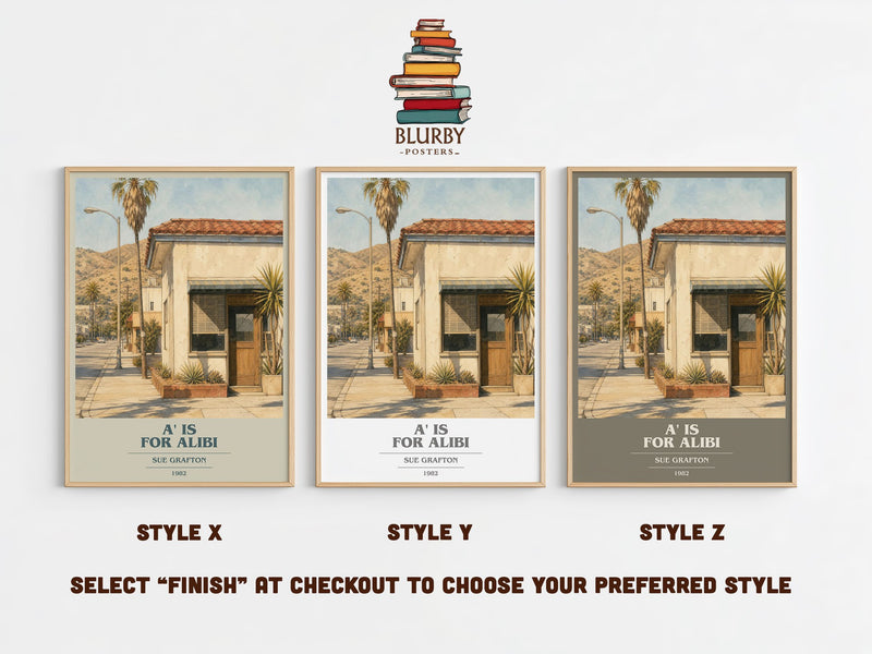 A' Is for Alibi book cover print in frame leaning in hallway – mystery wall art