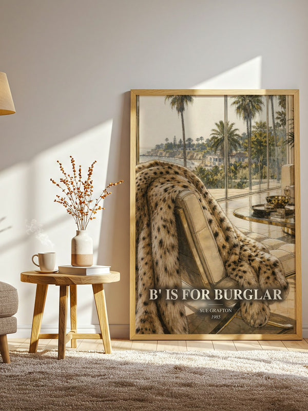 B' Is for Burglar watercolour print in frame leaning in hallway – mystery wall art