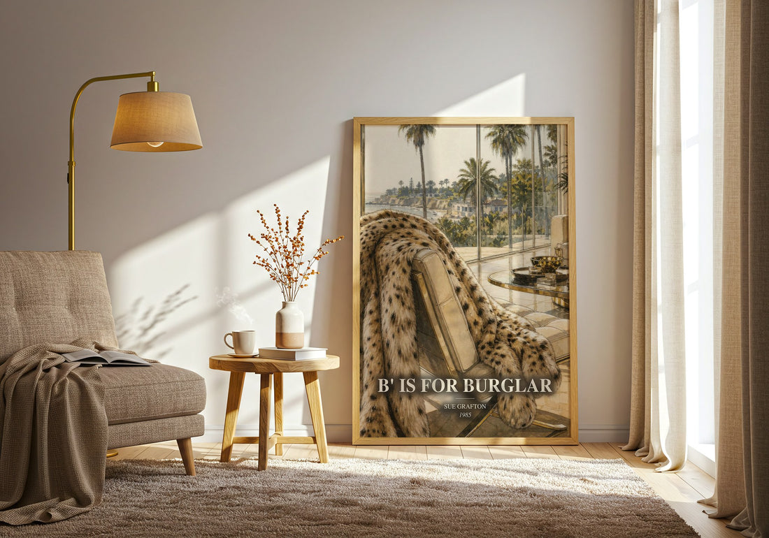 B' Is for Burglar watercolour print in frame leaning in hallway – mystery wall art (mockup)