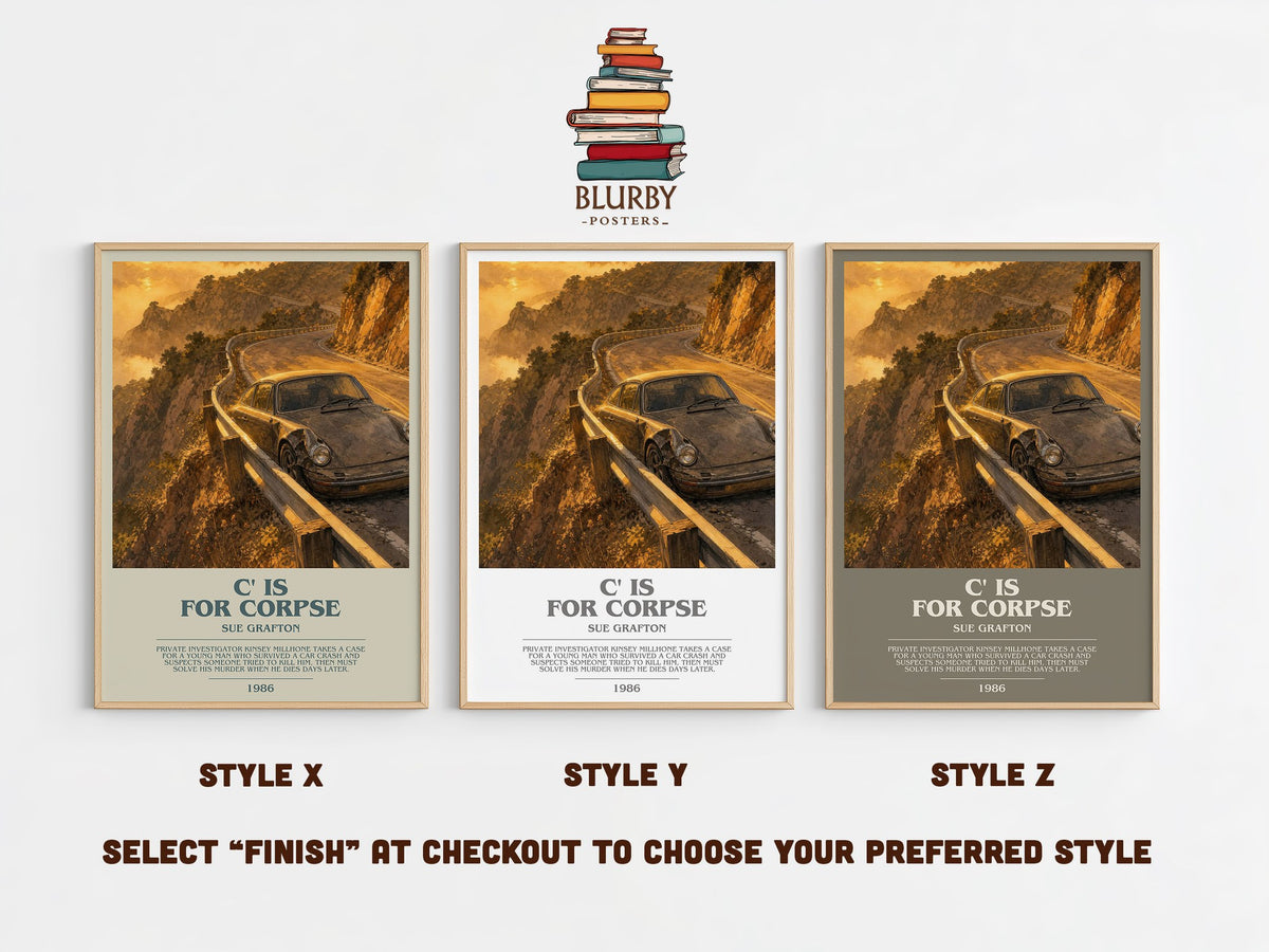 C' Is for Corpse bookish print in frame leaning in hallway – mystery wall art (mockup)