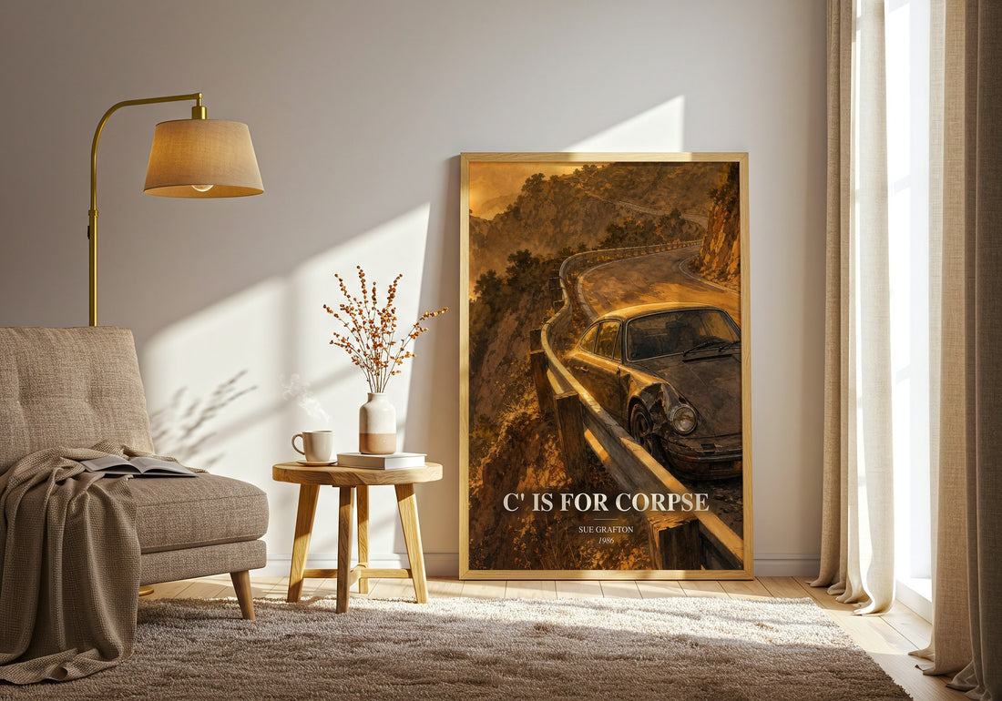 C' Is for Corpse watercolour print in frame leaning in hallway – mystery wall art (mockup)