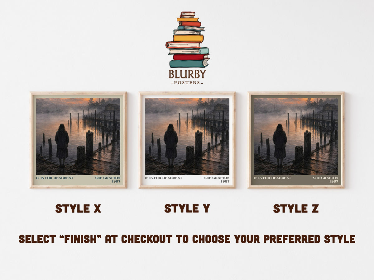 D' Is for Deadbeat literary print in frame leaning in hallway – mystery wall art (mockup)