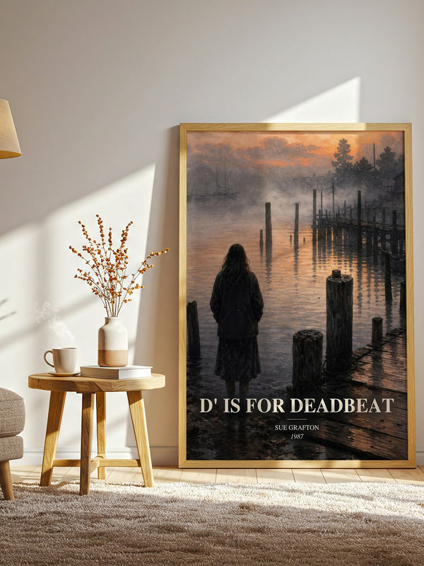 D' Is for Deadbeat watercolour print in frame leaning in hallway – mystery wall art