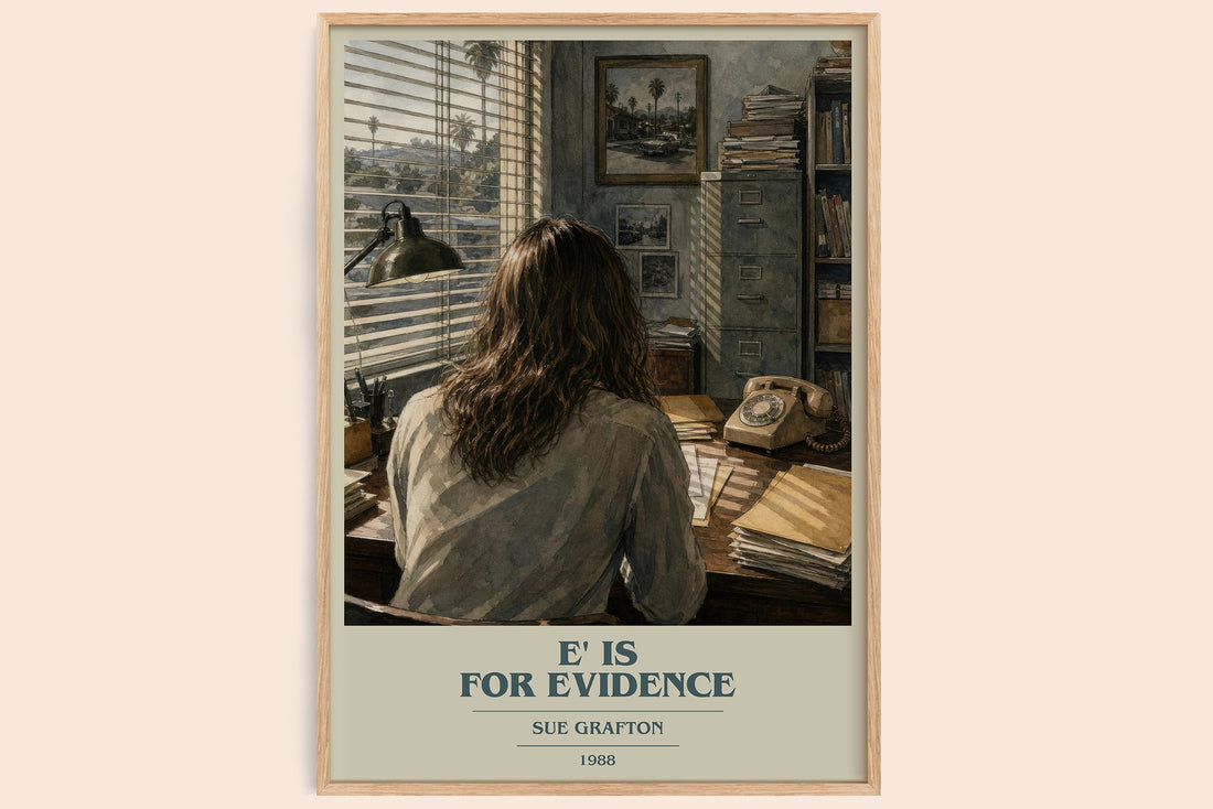 E' Is for Evidence book cover book poster by Sue Grafton – framed literary art print
