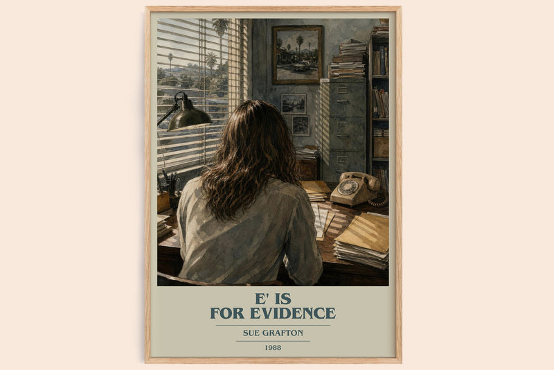 E' Is for Evidence book cover book poster by Sue Grafton – framed literary art print
