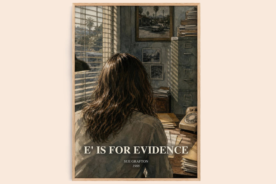 E' Is for Evidence watercolour book poster by Sue Grafton – framed literary art print