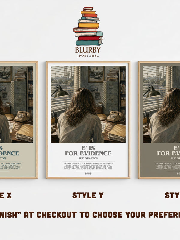 E' Is for Evidence bookish print in frame leaning in hallway – mystery wall art