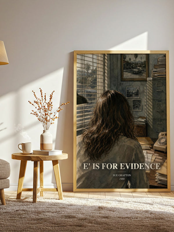 E' Is for Evidence watercolour print in frame leaning in hallway – mystery wall art