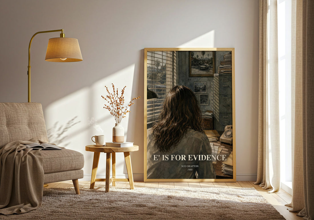 E' Is for Evidence watercolour print in frame leaning in hallway – mystery wall art (mockup)