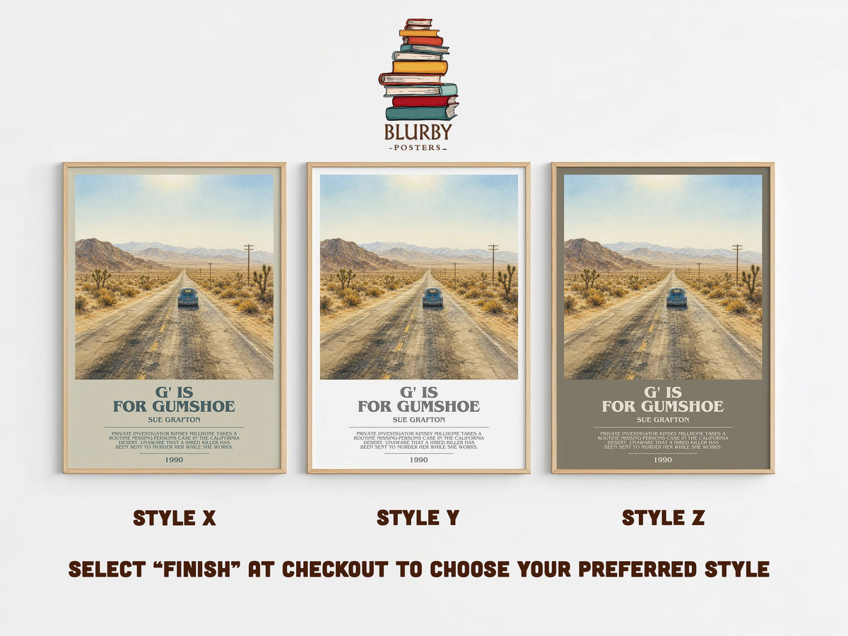 G' Is for Gumshoe bookish print in frame leaning in hallway – mystery wall art (mockup)