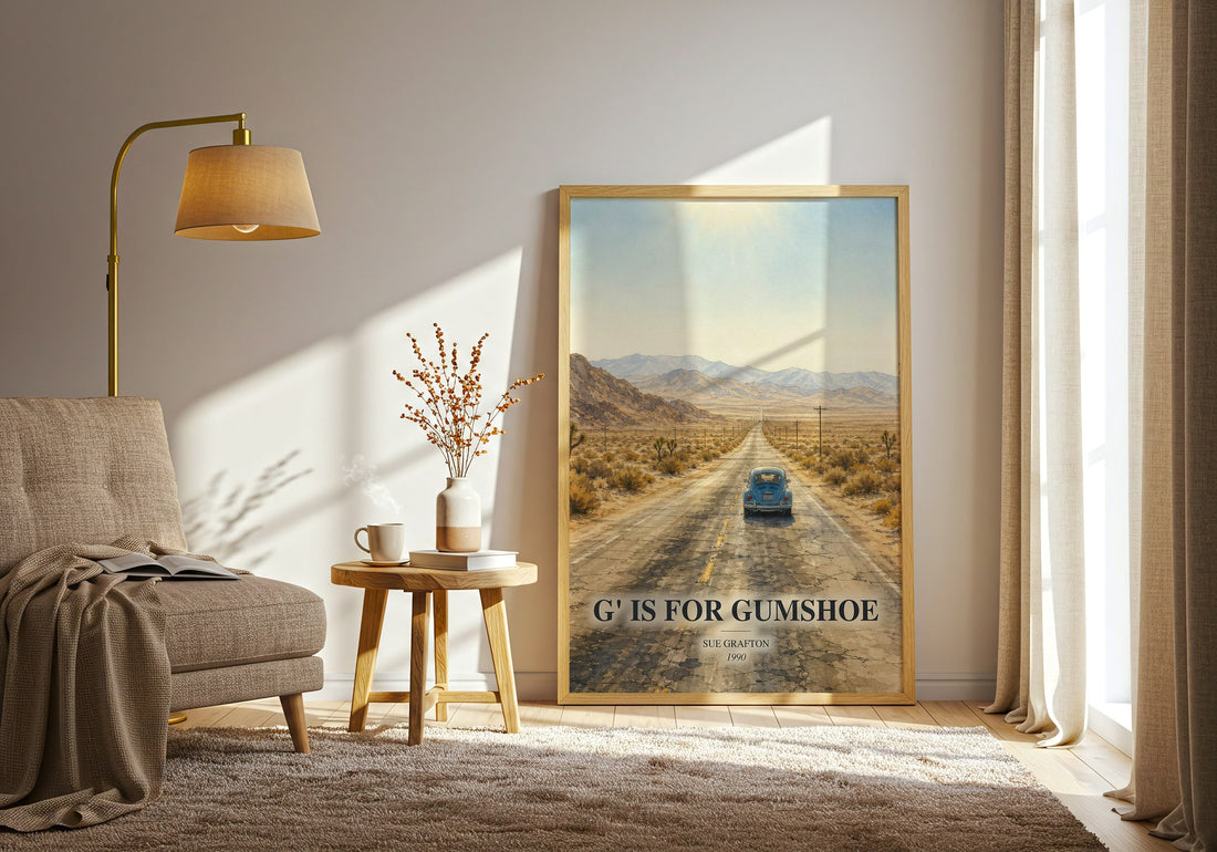 G' Is for Gumshoe watercolour print in frame leaning in hallway – mystery wall art (mockup)