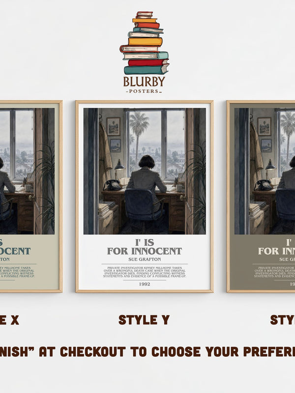 I' Is for Innocent bookish print in frame leaning in hallway – mystery wall art
