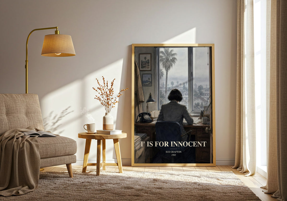 I' Is for Innocent watercolour print in frame leaning in hallway – mystery wall art (mockup)