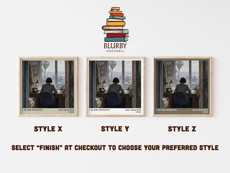 I' Is for Innocent literary print in frame leaning in hallway – mystery wall art