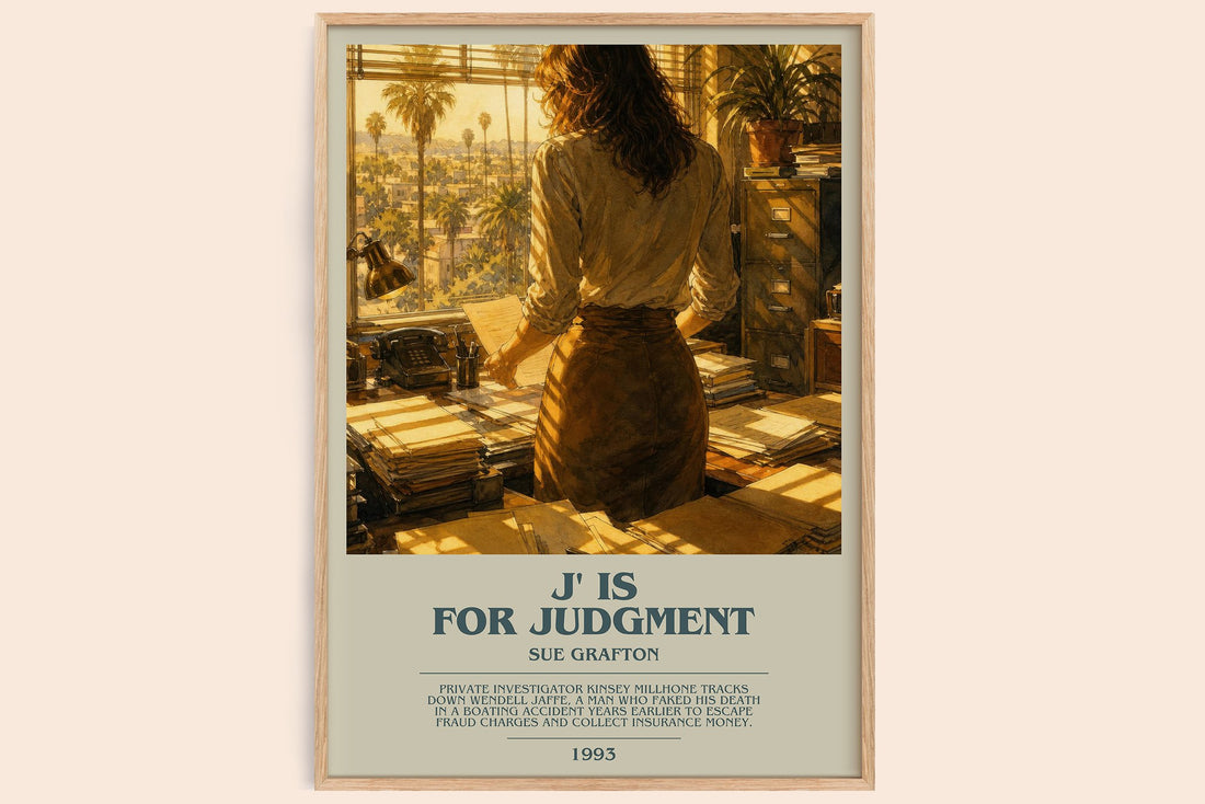 J' Is for Judgment bookish book poster by Sue Grafton – framed literary art print