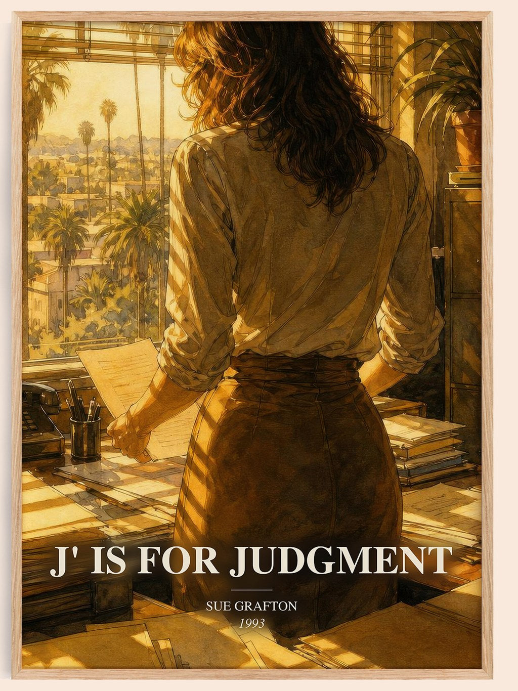 J' Is for Judgment watercolour book poster by Sue Grafton – framed literary art print