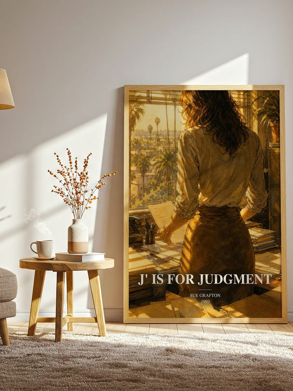 J' Is for Judgment watercolour print in frame leaning in hallway – mystery wall art