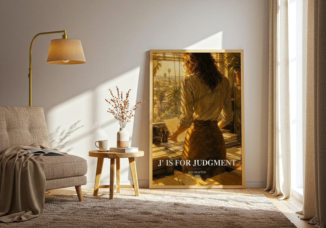 J' Is for Judgment watercolour print in frame leaning in hallway – mystery wall art (mockup)