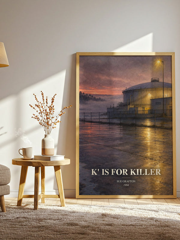 K' Is for Killer watercolour print in frame leaning in hallway – mystery wall art