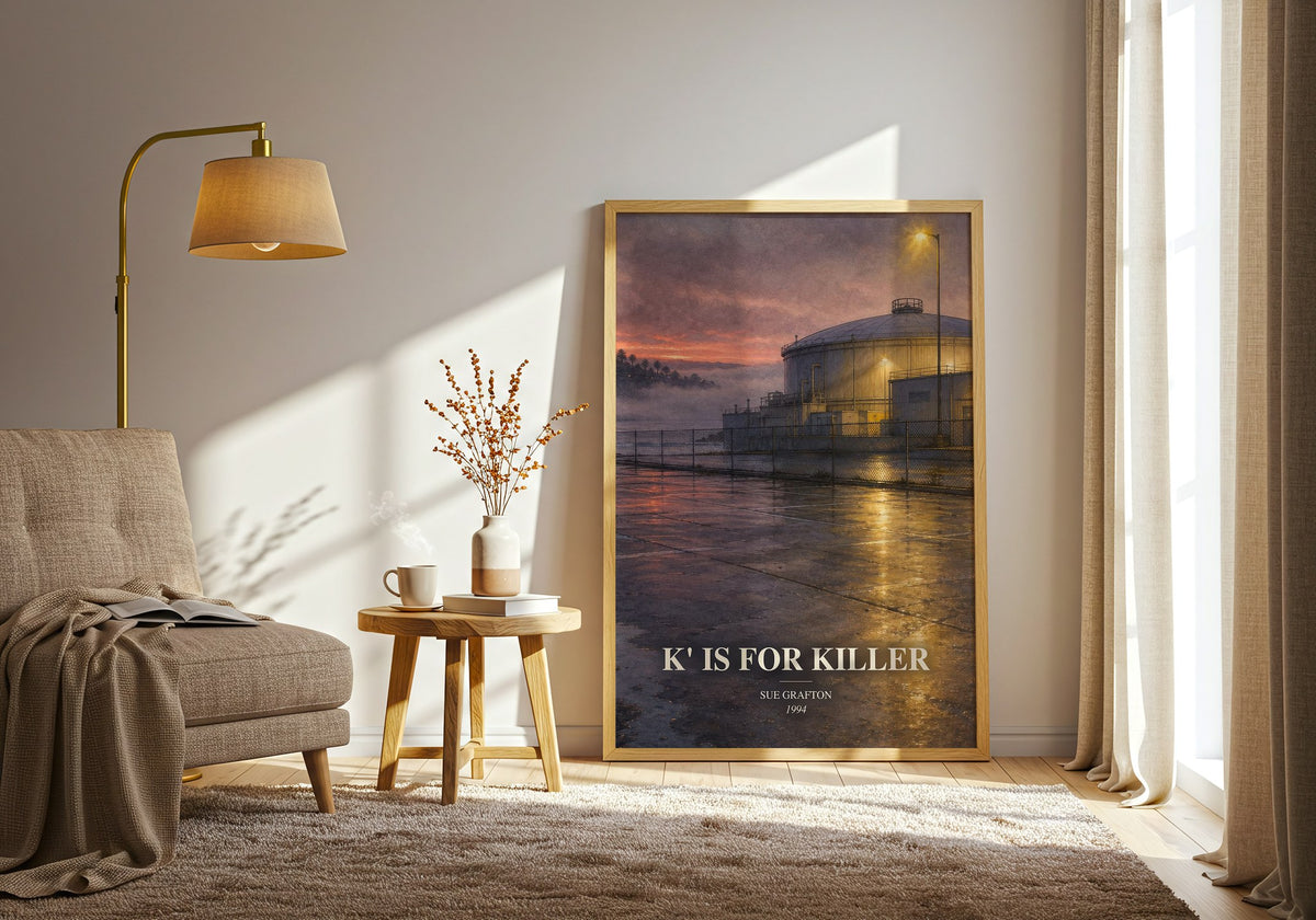 K' Is for Killer watercolour print in frame leaning in hallway – mystery wall art (mockup)