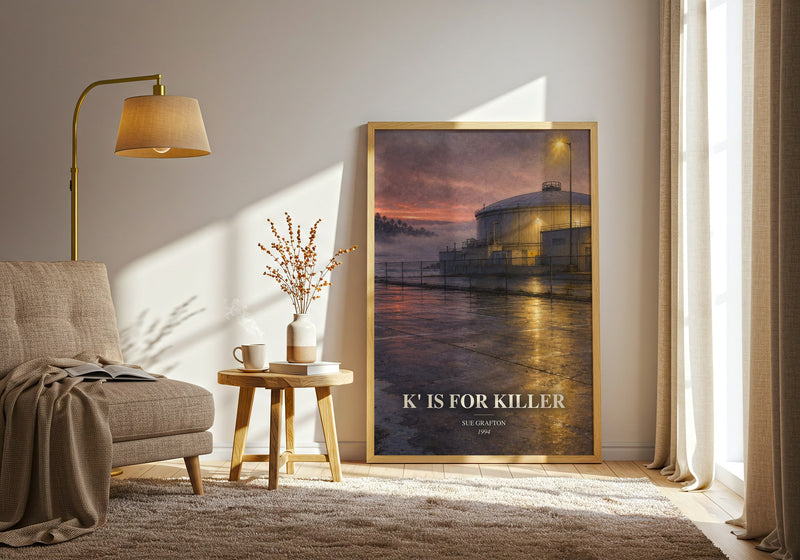 K' Is for Killer watercolour print in frame leaning in hallway – mystery wall art