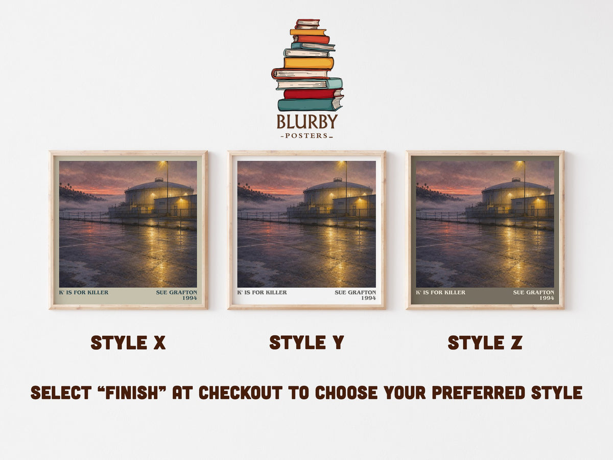 K' Is for Killer literary print in frame leaning in hallway – mystery wall art (mockup)