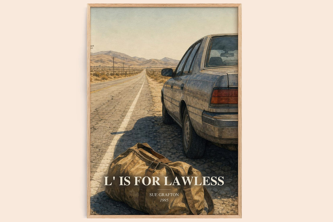L' Is for Lawless watercolour book poster by Sue Grafton – framed literary art print
