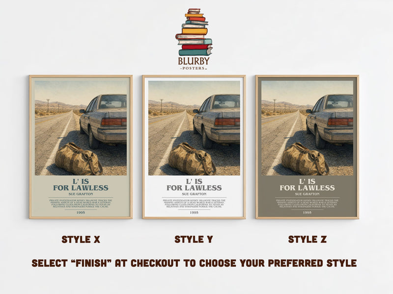 L' Is for Lawless bookish print in frame leaning in hallway – mystery wall art