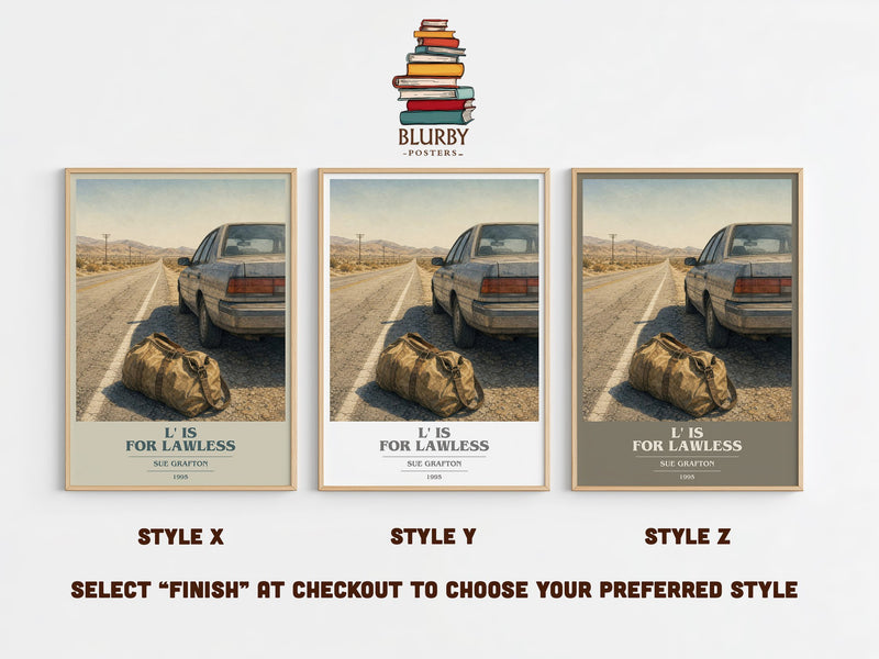 L' Is for Lawless book cover print in frame leaning in hallway – mystery wall art
