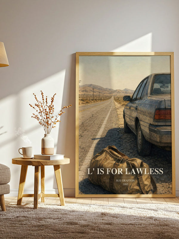 L' Is for Lawless watercolour print in frame leaning in hallway – mystery wall art