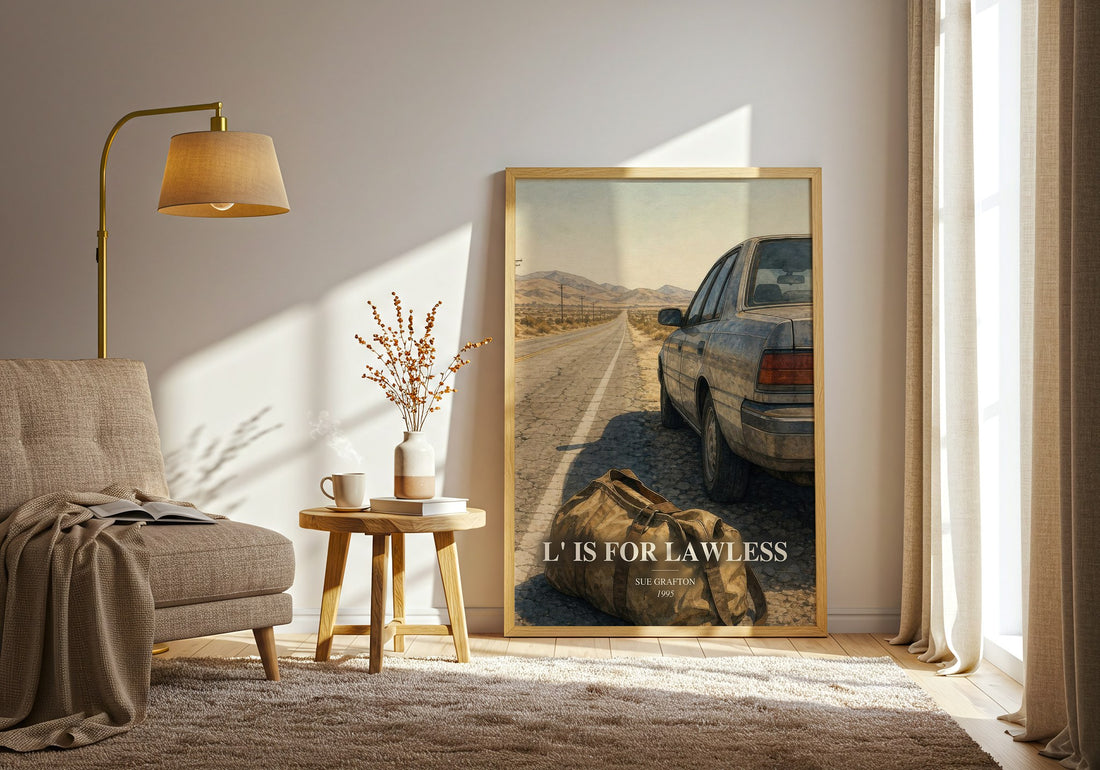 L' Is for Lawless watercolour print in frame leaning in hallway – mystery wall art (mockup)