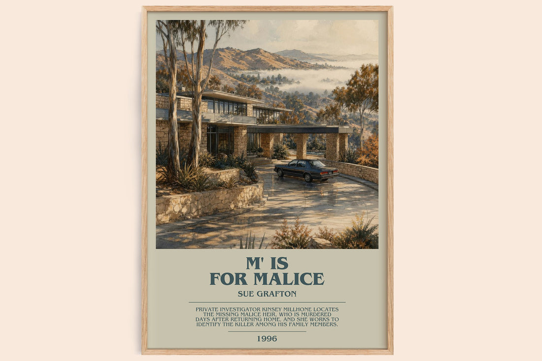 M' Is for Malice bookish book poster by Sue Grafton – framed literary art print