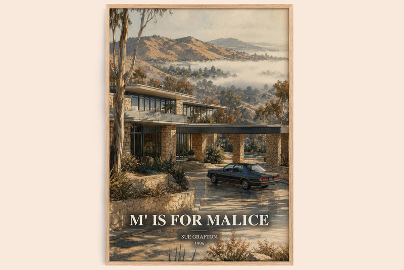 M' Is for Malice watercolour book poster by Sue Grafton – framed literary art print